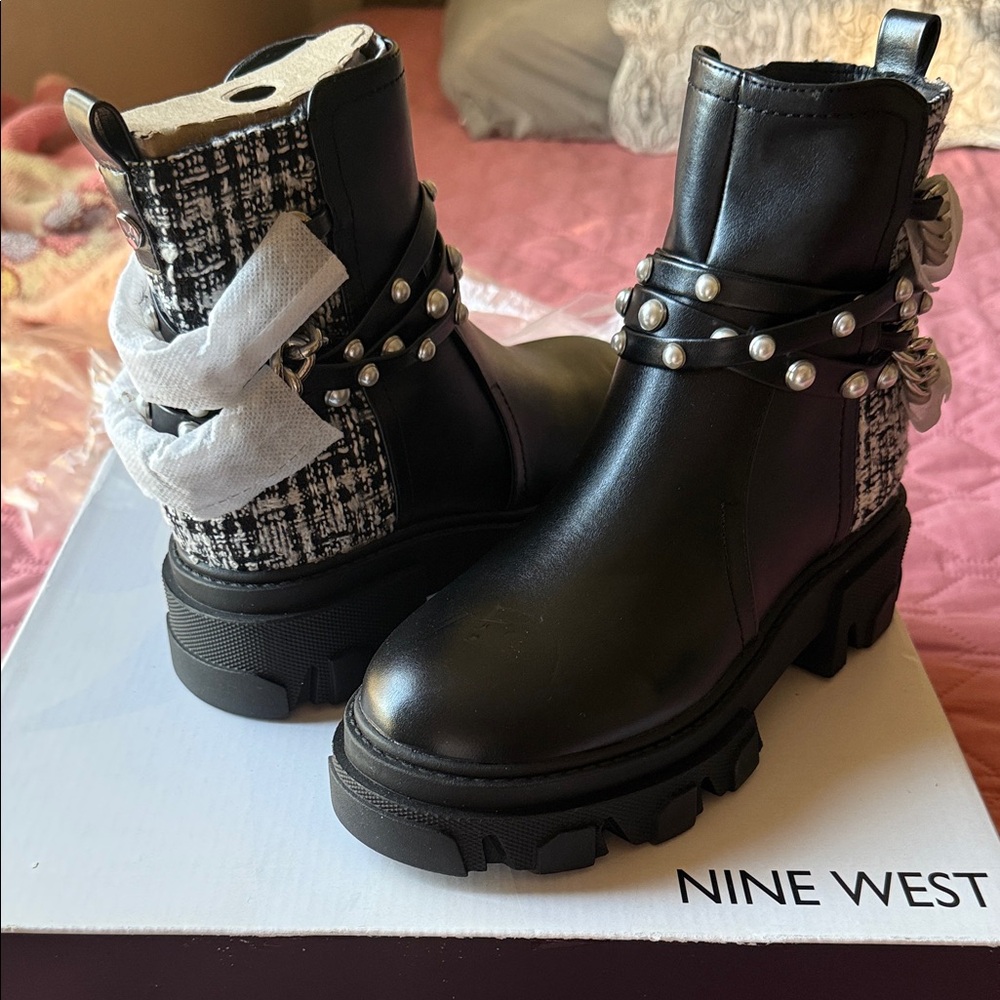 Nine West Black Pearl-Accent Chunky Lug Ankle Boots with Tweed Heel